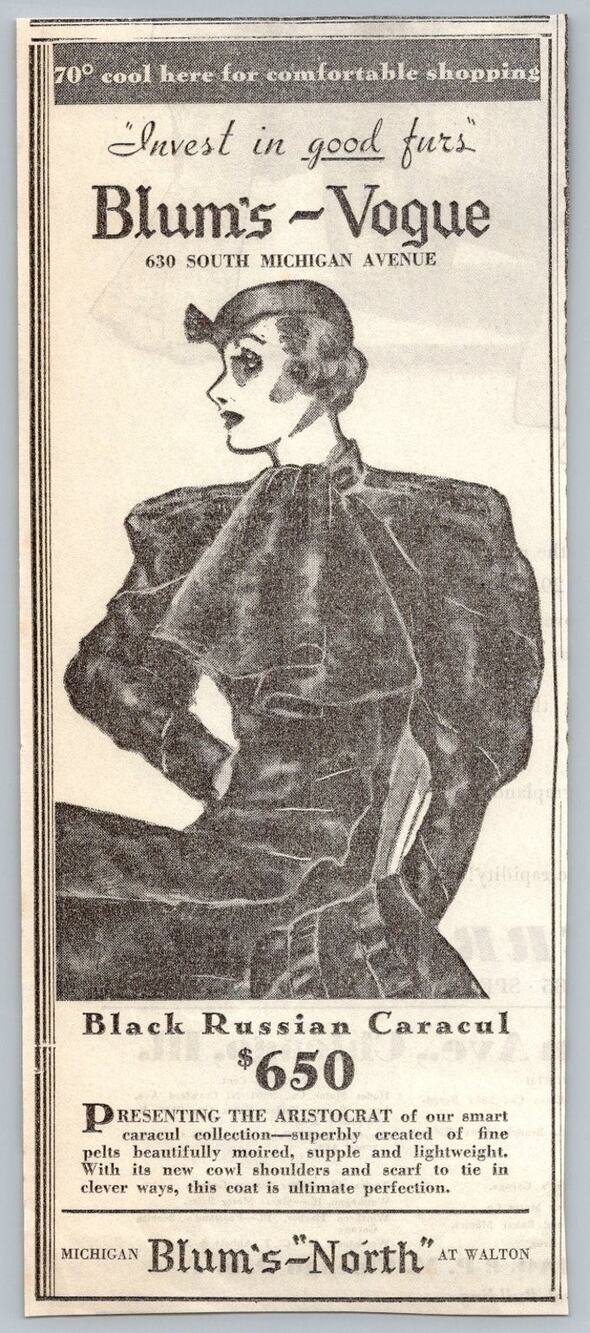 1930s Blum's Vogue Chicago Fur Coat Ad Black Caracul Fashion Ephemera